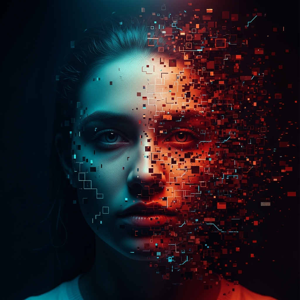 AI deepfake threat - a face fragmenting into digital distortion