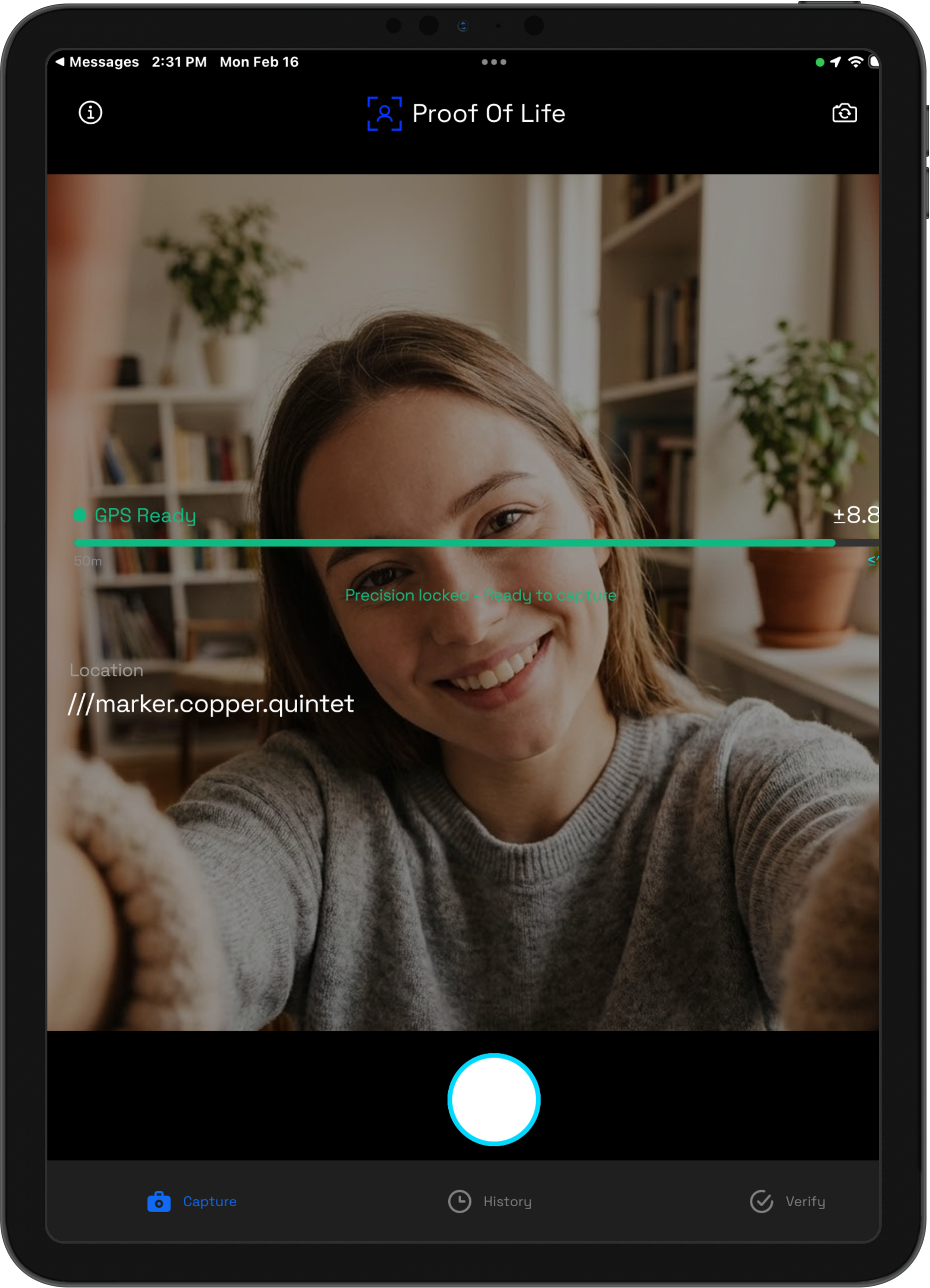 Proof of Life app - biometric-verified Proofie selfie with GPS and Face ID