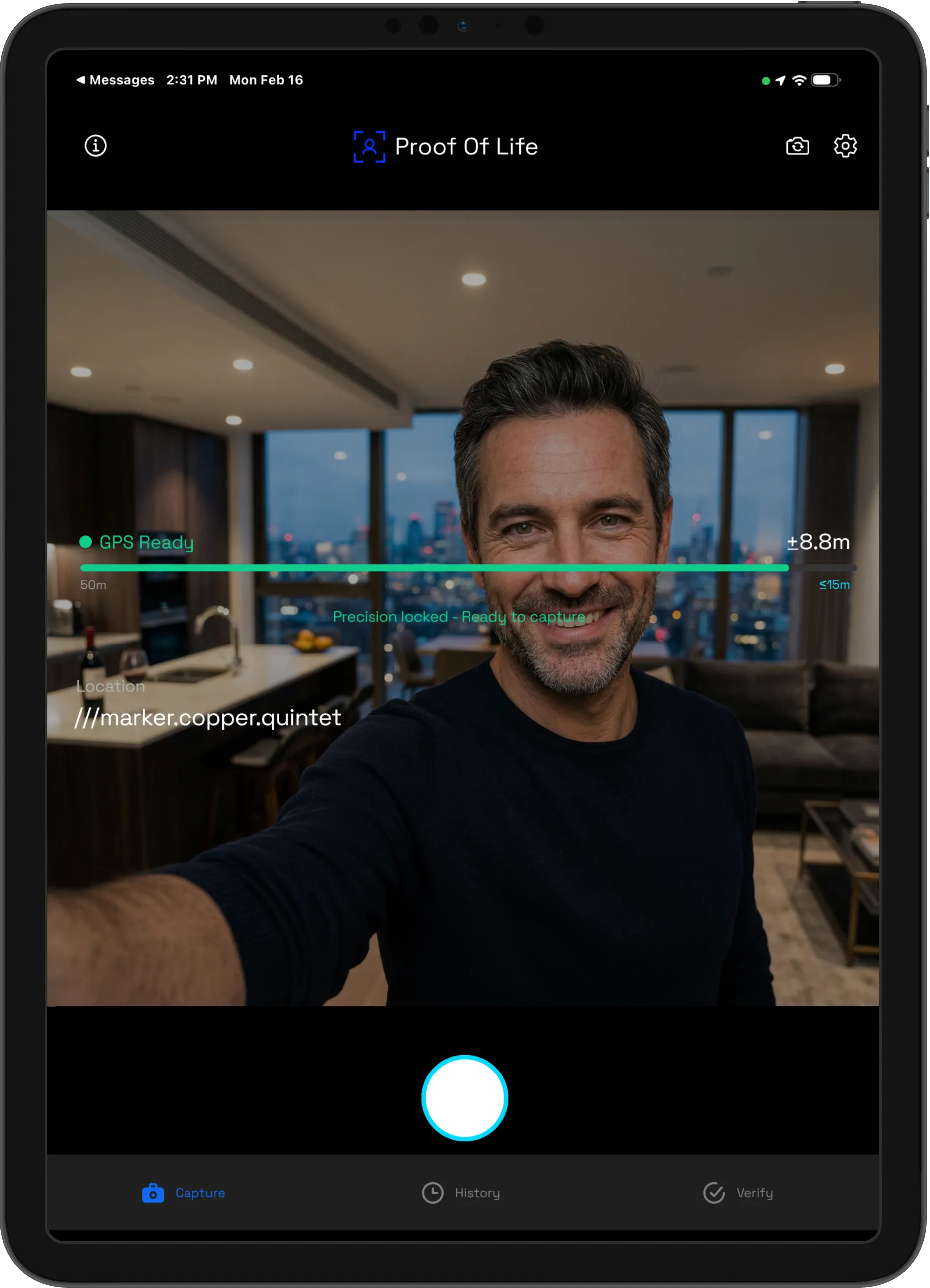 Proof of Life app showing a verified selfie
